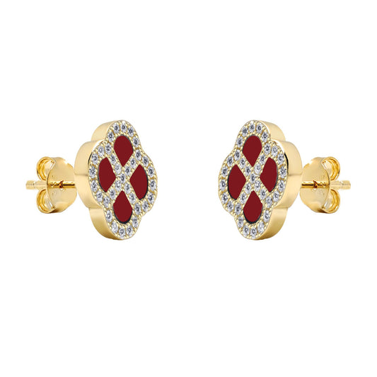 Gold-plated Silver CZ Red Agate Clover Kiss Stud Earrings 11mm - 8-59-1925