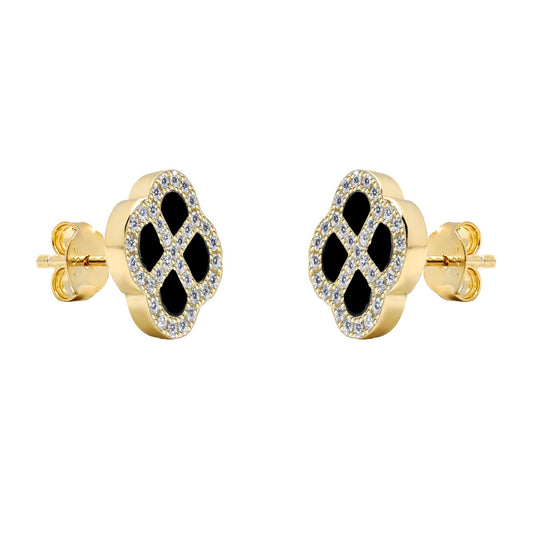 Gold-plated Silver CZ Onyx Clover Kiss Stud Earrings 11mm - 8-59-1927