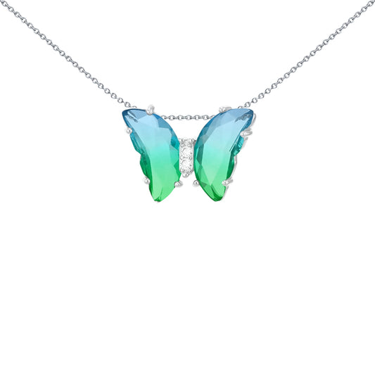 Silver Two-tone Green Blue Half Moon Glass & CZ Butterfly Pendant - 8-61-0066