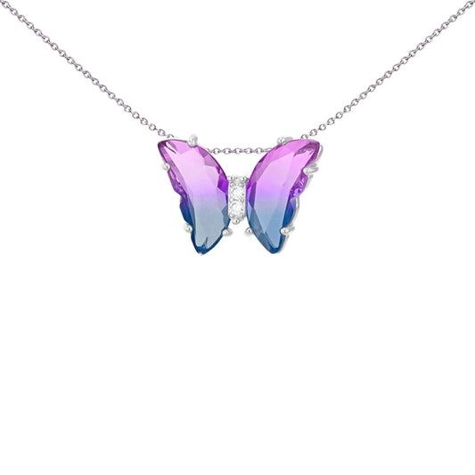 Silver Two-tone Pink Blue Half Moon Glass & CZ Butterfly Pendant - 8-61-0067