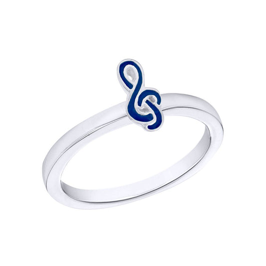 Silver Blue Enamel Musical Treble Clef Charm Ring 1.5mm 10mm - 8-80-0411