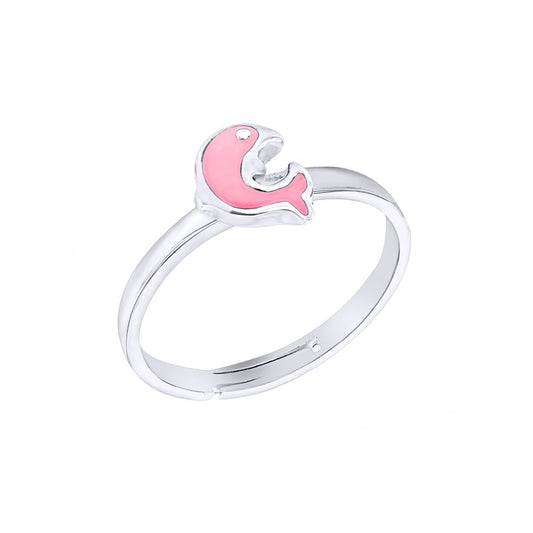 Silver Pink Enamel Love Heart Dolphin Expanding Ring Sizes H-T - 8-80-1881