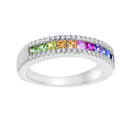 Silver Rainbow Princess CZ Channel-set Half Eternity Ring - 8-84-1281