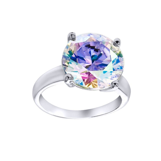 Silver Aurora Borealis CZ Rainbow Solitaire Cocktail Ring 12mm - 8-84-6001