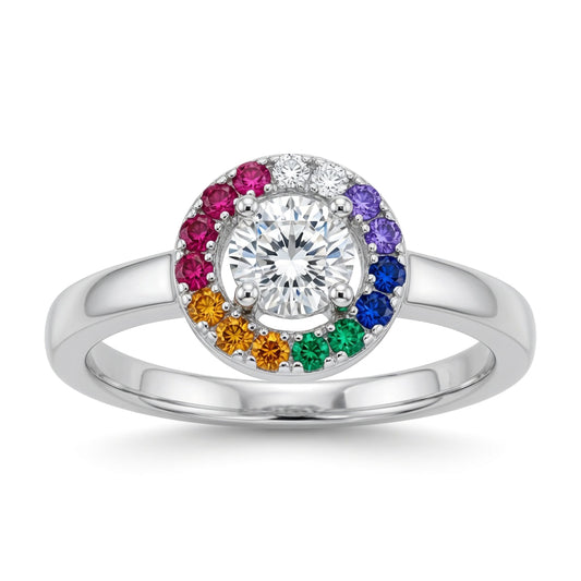 Sterling Silver CZ Rainbow Halo Solitaire Engagement Ring 8mm - 8-86-0149