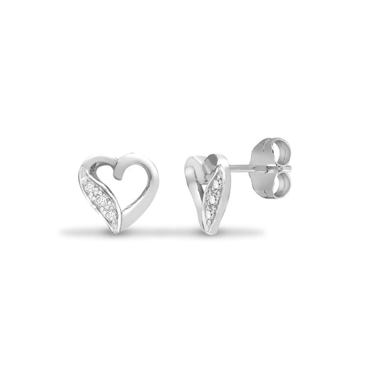 9ct White Gold 0.06ct Diamond Elegant Love Heart Stud Earrings - 9E089