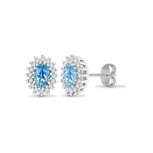 9ct White Gold Diamond Blue Topaz Cluster Stud Earrings - 9E109