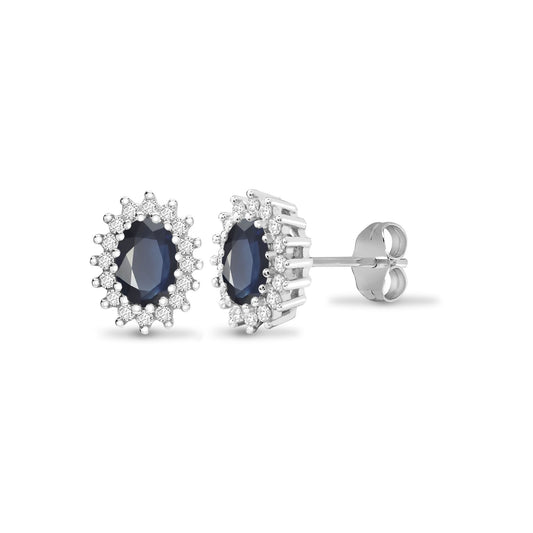 9ct White Gold Diamond Blue Sapphire Cluster Stud Earrings - 9E110