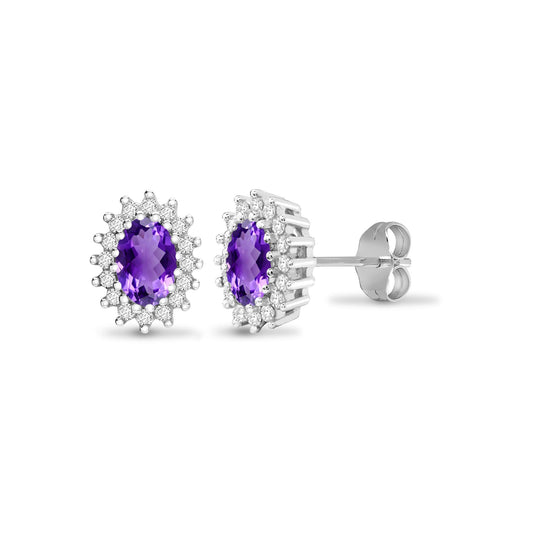 9ct White Gold Diamond Purple Amethyst Cluster Stud Earrings - 9E111