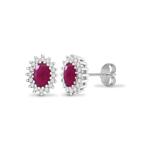 9ct White Gold Diamond Red Ruby Cluster Stud Earrings - 9E114