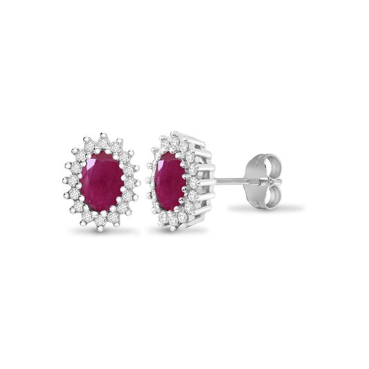 9ct White Gold Diamond Red Ruby Cluster Stud Earrings - 9E114