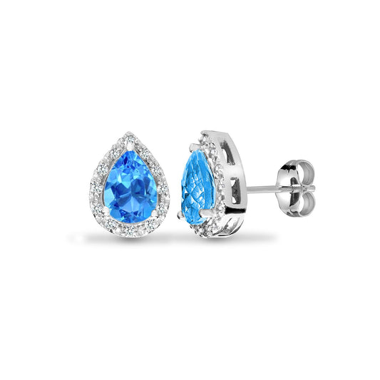 9ct White Gold Diamond Blue Topaz Happy Tears Halo Stud Earrings - 9E174