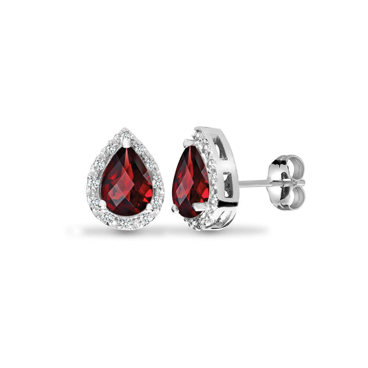 9ct White Gold Diamond Red Garnet Happy Tears Halo Stud Earrings - 9E175