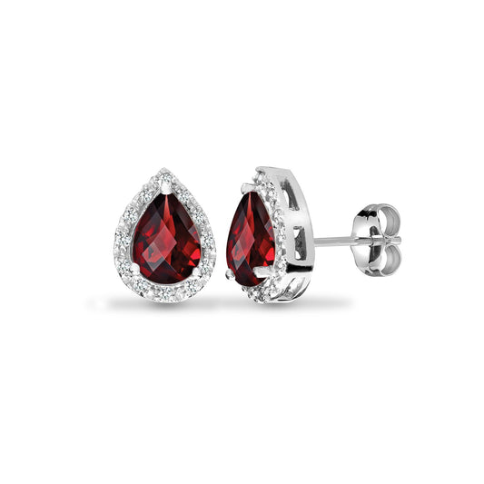 9ct White Gold Diamond Red Garnet Happy Tears Halo Stud Earrings - 9E175