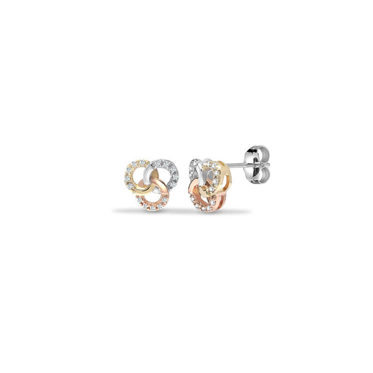 9ct 3 Colour Gold 0.09ct Diamond Trilogy Rings Knot Stud Earrings - 9E177