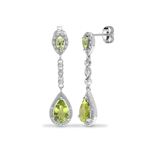 9ct White Gold Diamond Green Peridot Happy Tears Drop Earrings - 9E199