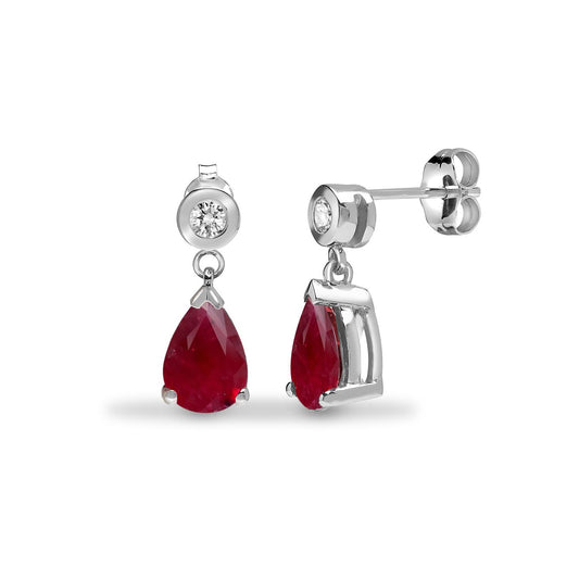 9ct White Gold Diamond Red Ruby Tears of Joy Drop Earrings - 9E201
