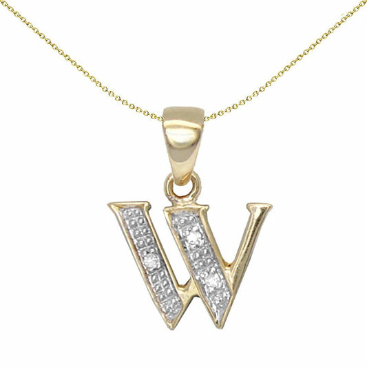 9ct Gold Diamond Identity Initial ID Charm Pendant Letter W - 9P050-W