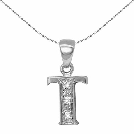 9ct White Gold Diamond Identity Initial ID Charm Pendant Letter T - 9P052-T