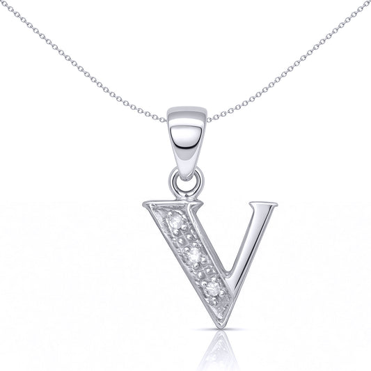 9ct White Gold Diamond Identity Initial ID Charm Pendant Letter V - 9P052-V