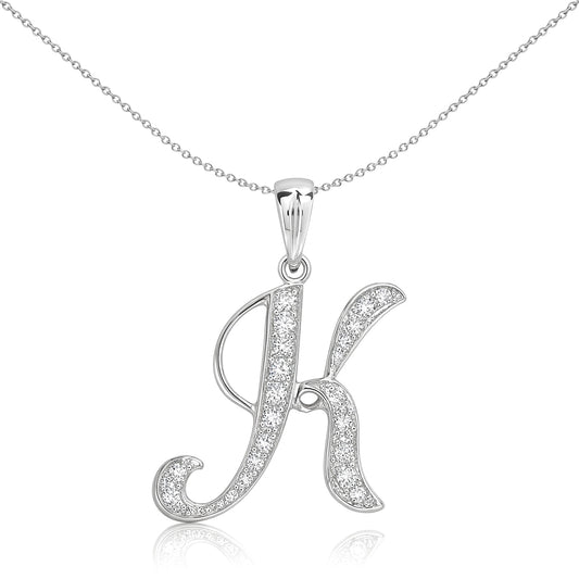 9ct White Gold Diamond Script Initial ID Charm Pendant Letter K - 9P060-K