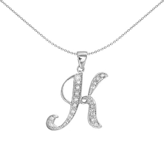9ct White Gold Diamond Script Initial ID Charm Pendant Letter K - 9P060-K