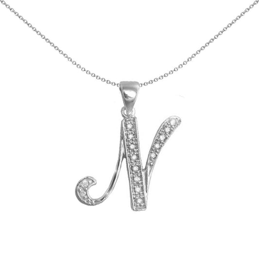 9ct White Gold Diamond Script Initial ID Charm Pendant Letter N - 9P060-N