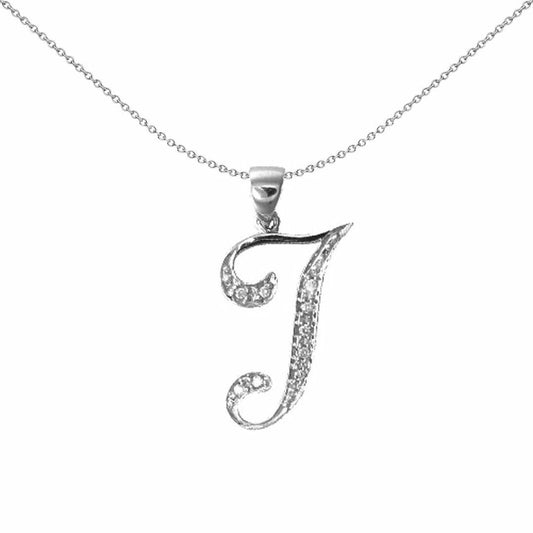 9ct White Gold Diamond Script Initial ID Charm Pendant Letter T - 9P060-T