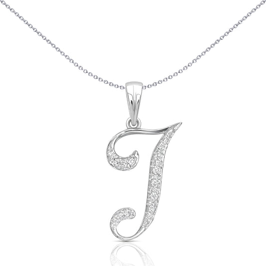9ct White Gold Diamond Script Initial ID Charm Pendant Letter T - 9P060-T