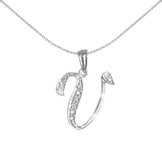 9ct White Gold Diamond Script Initial ID Charm Pendant Letter V - 9P060-V