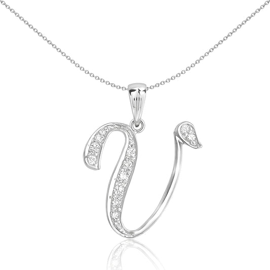 9ct White Gold Diamond Script Initial ID Charm Pendant Letter V - 9P060-V