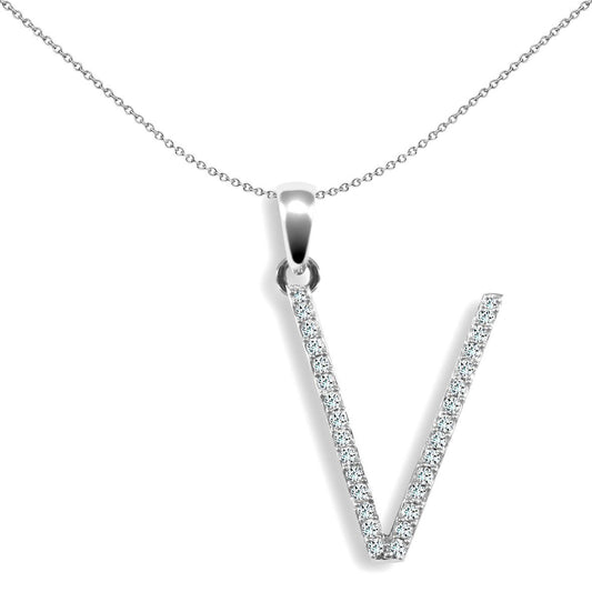 9ct White Gold Diamond Block Initial ID Charm Pendant Letter V - 9P105-V