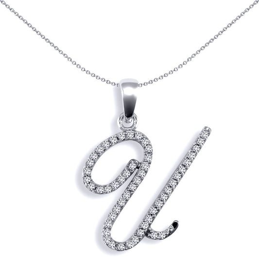 9ct White Gold Diamond Calligraphy Initial Pendant Letter U - 9P106-U