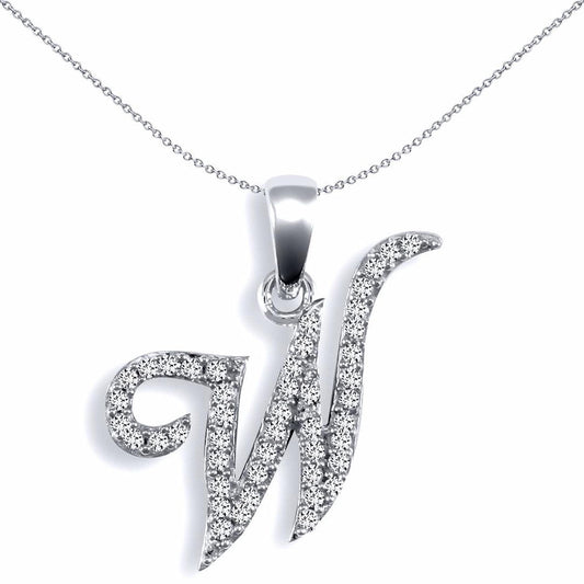 9ct White Gold Diamond Calligraphy Initial Pendant Letter W - 9P106-W