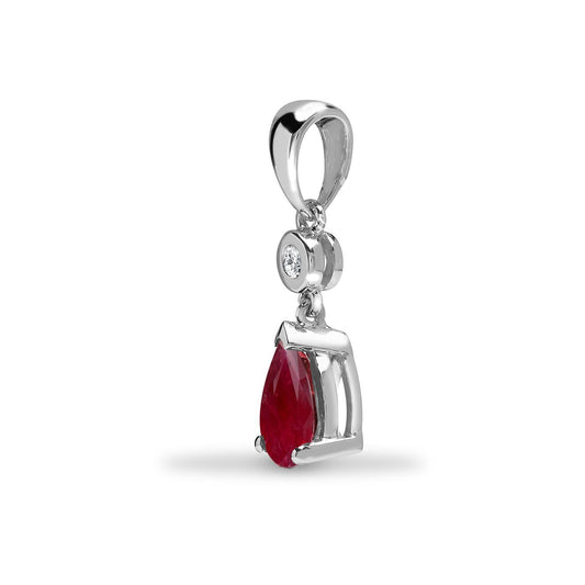 9ct White Gold Diamond Ruby Happy Tears Solitaire Drop Pendant - 9P146