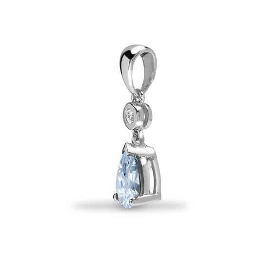 9ct White Gold Diamond Aquamarine Tear Solitaire Drop Pendant - 9P148