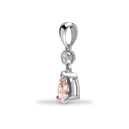 9ct White Gold Diamond Peach Morganite Tear Solitaire Pendant - 9P149