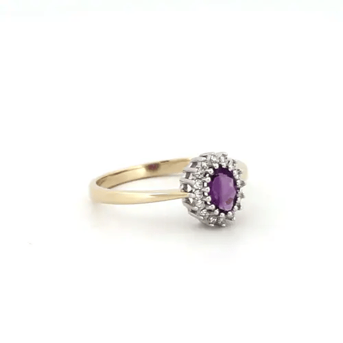 9ct Gold Diamond Purple Amethyst Classic Royal Cluster Ring 9mm - 9R402