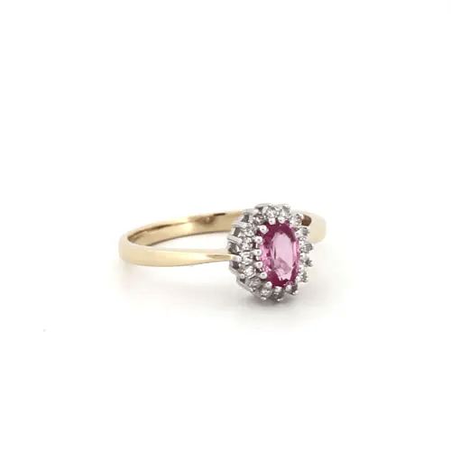 9ct Gold Diamond Pink Sapphire Classic Royal Cluster Ring 9mm - 9R404