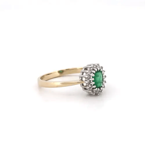 9ct Gold Diamond Green Emerald Classic Royal Cluster Ring 9mm - 9R406