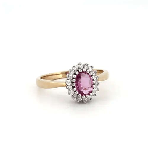 9ct Gold Diamond Pink Sapphire Classic Royal Cluster Ring 11mm - 9R424