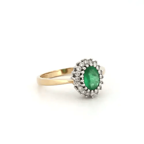 9ct Gold Diamond Green Emerald Classic Royal Cluster Ring 11mm - 9R426