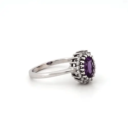 9ct White Gold Diamond Amethyst Classic Royal Cluster Ring 11mm - 9R432