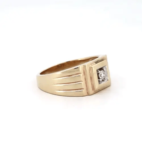 Mens 9ct Gold 0.11ct Diamond Solitaire Signet Ring 9mm - 9R510