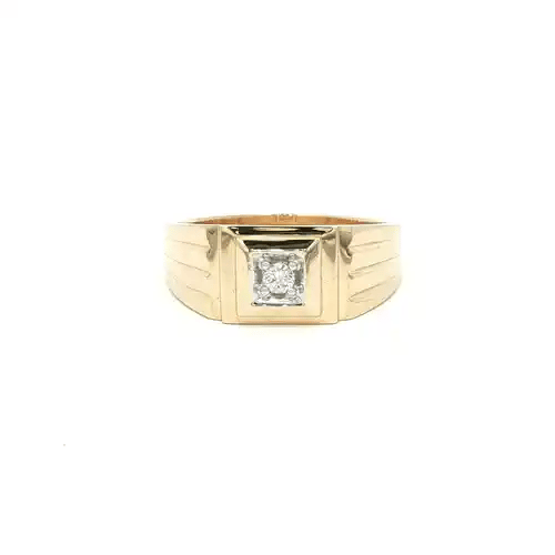 Mens 9ct Gold 0.11ct Diamond Solitaire Signet Ring 9mm - 9R510