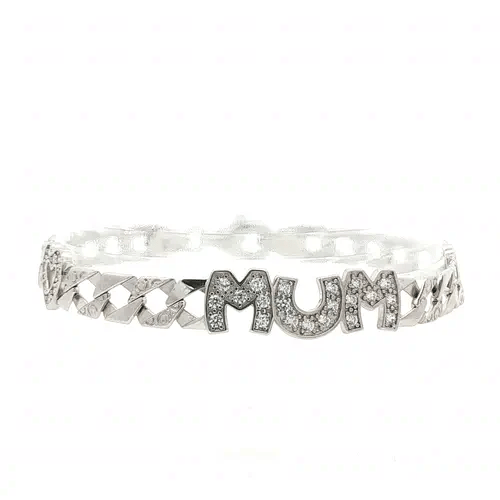 Womens Rhodium Plated Silver CZ MUM Family Bracelet 7mm 7.5" - ABB163