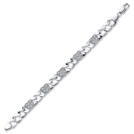 Girls Rhodium Plated Silver CZ Love Heart Curb Bracelet 8mm 6" - ABB164-6