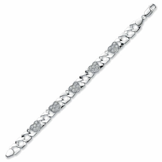 Girls Rhodium Plated Silver CZ Love Heart Curb Bracelet 8mm 6" - ABB164-6