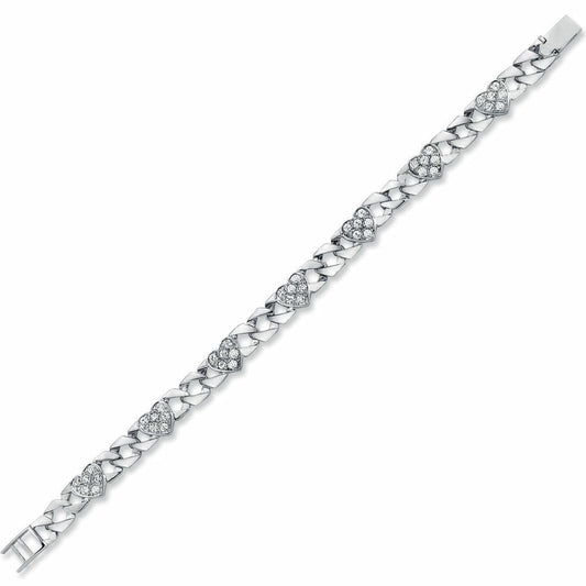 Womens Rhodium Silver CZ Love Heart Curb Bracelet 8mm 7.5" - ABB164-7.5