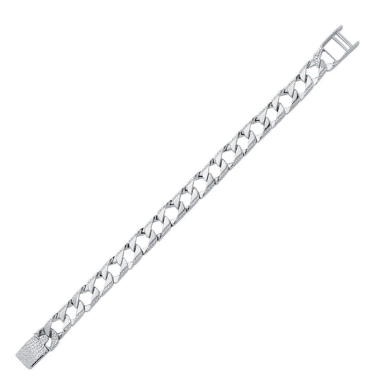 Mens Rhodium Plated Silver Lizard Edge Curb Bracelet 10mm 8.5" - ABB167A-8.5